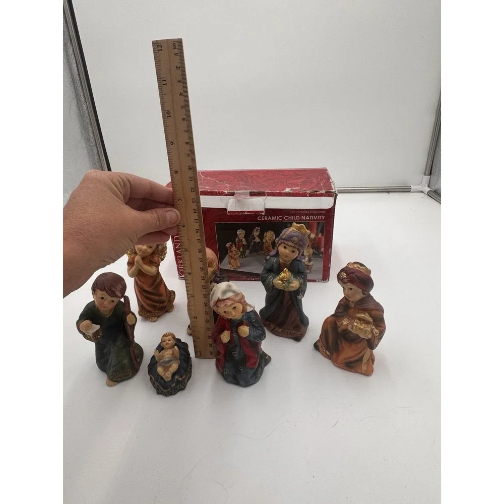Vtg Nativity Child Set Kirklands Ceramic Glazed 7 Pieces Wiseman Is Missing 5.5